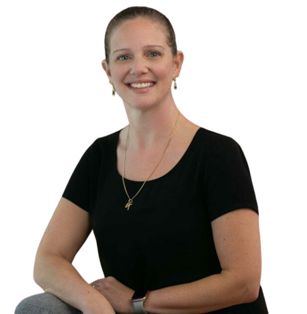 Smiling woman with pulled-back hair and a black shirt looking forward